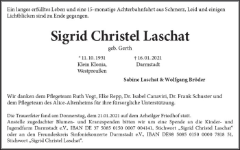 Traueranzeige von Sigrid Christel Laschat von vrm-trauer