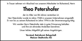 Traueranzeige von Theo Petershofer von vrm-trauer