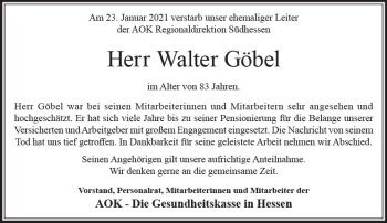 Traueranzeige von Walter Göbel von vrm-trauer
