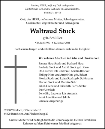 Traueranzeige von Waltraud Stock von vrm-trauer