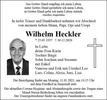 Traueranzeige von Wilhelm Heckler von vrm-trauer