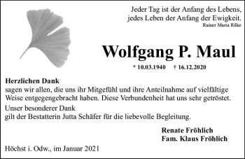 Traueranzeige von Wolfgang P. Maul von vrm-trauer