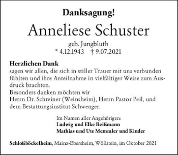 Traueranzeige von Anneliese Schuster von vrm-trauer