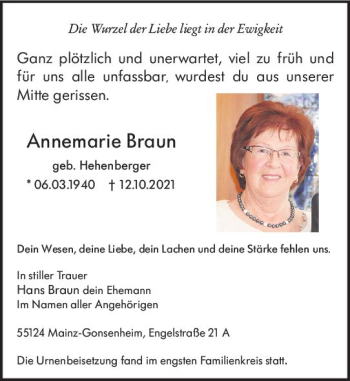Traueranzeige von Annemarie Braun von vrm-trauer
