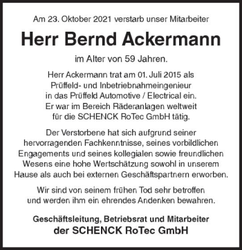 Traueranzeige von Bernd Ackermann von vrm-trauer