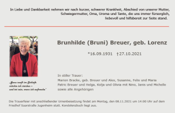 Traueranzeige von Brunhilde Breuer von vrm-trauer