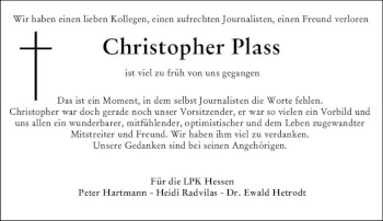 Traueranzeige von Christopher Plass von vrm-trauer