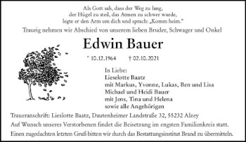 Traueranzeige von Edwin Bauer von vrm-trauer