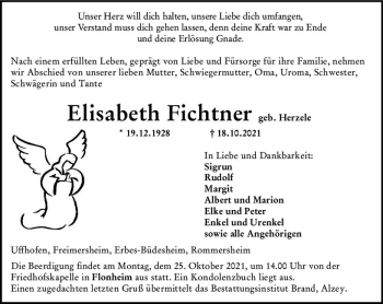 Traueranzeige von Elisabeth Fichtner von vrm-trauer
