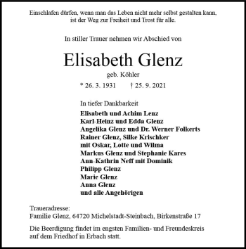 Traueranzeige von Elisabeth Glenz von vrm-trauer