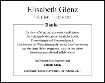 Traueranzeige von Elisabeth Glenz von vrm-trauer