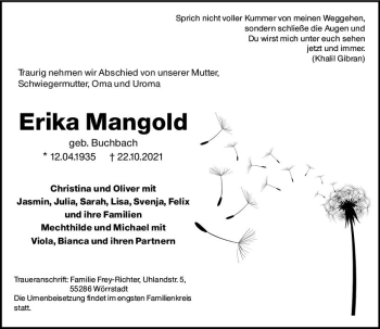 Traueranzeige von Erika Mangold von vrm-trauer