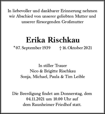 Traueranzeige von Erika Rischkau von vrm-trauer