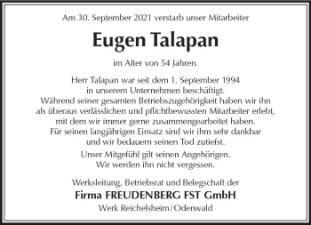 Traueranzeige von Eugen Talapan von vrm-trauer