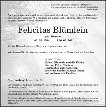 Traueranzeige von Felicitas Blümlein von vrm-trauer