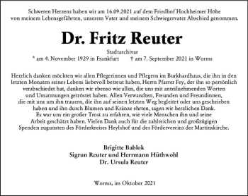 Traueranzeige von Fritz Reuter von vrm-trauer