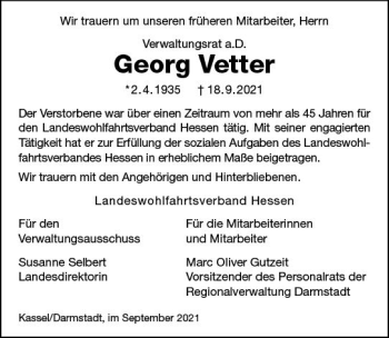 Traueranzeige von Georg Vetter von vrm-trauer