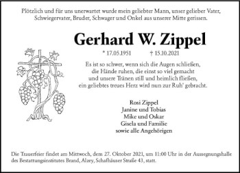 Traueranzeige von Gerhard W. Zippel von vrm-trauer