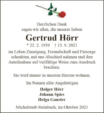 Traueranzeige von Gertrud Hörr von vrm-trauer
