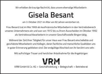 Traueranzeige von Gisela Besant von vrm-trauer