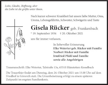 Traueranzeige von Gisela Rücker von vrm-trauer