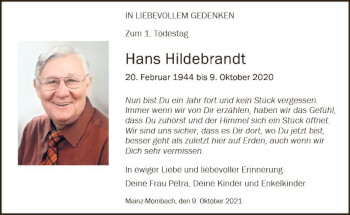 Traueranzeige von Hans Hildebrandt von vrm-trauer