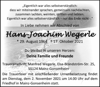 Traueranzeige von Hans-Joachim Wegerle von vrm-trauer