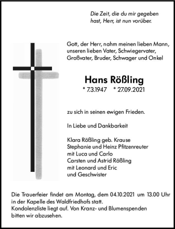 Traueranzeige von Hans Rößling von vrm-trauer