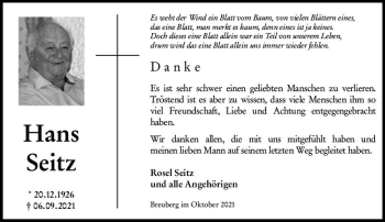 Traueranzeige von Hans Seitz von vrm-trauer