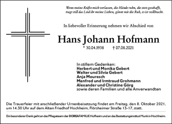 Traueranzeige von Hans Johann Hofmann von vrm-trauer