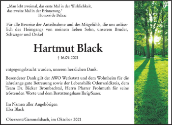 Traueranzeige von Hartmut Black von vrm-trauer