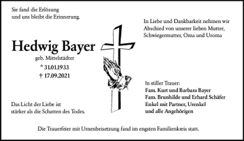Traueranzeige von Hedwig Bayer von vrm-trauer