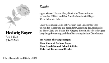 Traueranzeige von Hedwig Bayer von vrm-trauer