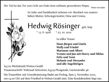 Traueranzeige von Hedwig Rösinger von vrm-trauer