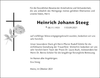 Traueranzeige von Heinrich Johann Steeg von vrm-trauer