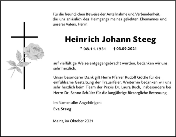 Traueranzeige von Heinrich Johann Steeg von vrm-trauer