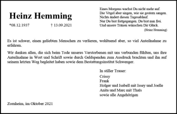 Traueranzeige von Heinz Hemming von vrm-trauer