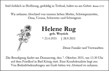 Traueranzeige von Helene Rug von vrm-trauer