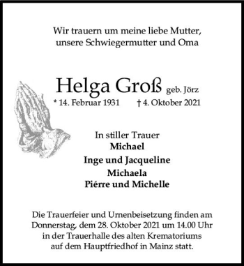 Traueranzeige von Helga Groß von vrm-trauer
