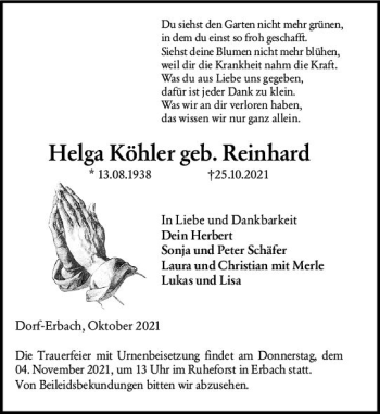 Traueranzeige von Helga Köhler von vrm-trauer