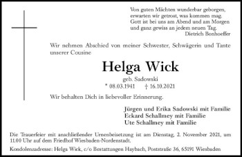 Traueranzeige von Helga Wick von vrm-trauer