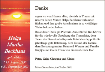 Traueranzeige von Helga Martha Beckhaus von vrm-trauer