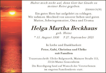 Traueranzeige von Helga Martha Beckhaus von vrm-trauer