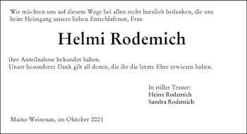 Traueranzeige von Helmi Rodemich von vrm-trauer