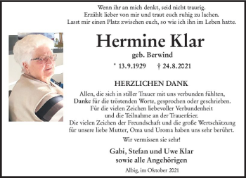 Traueranzeige von Hermine Klar von vrm-trauer