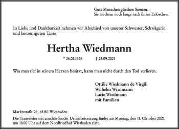 Traueranzeige von Hertha Wiedmann von vrm-trauer