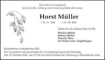Traueranzeige von Horst Müller von vrm-trauer