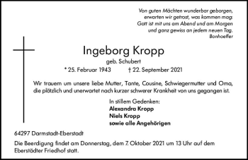 Traueranzeige von Ingeborg Kropp von vrm-trauer