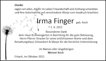 Traueranzeige von Irma Finger von vrm-trauer