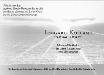 Traueranzeige von Irmgard Kolland von vrm-trauer